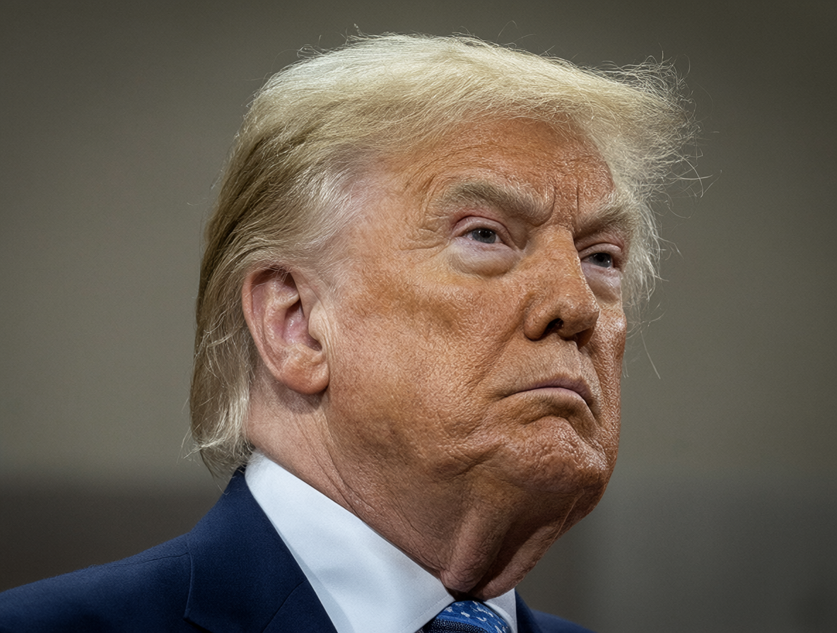 Donald Trump mirando hacia un símbolo de prohibición sobre una papeleta electoral.
