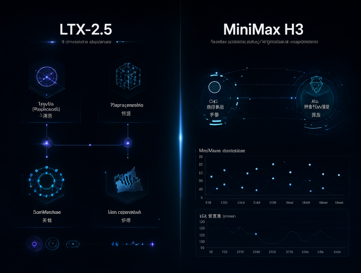 Diagrama comparativo técnico mostrando las diferencias clave entre los modelos LTX-2.5 y MiniMax H3.