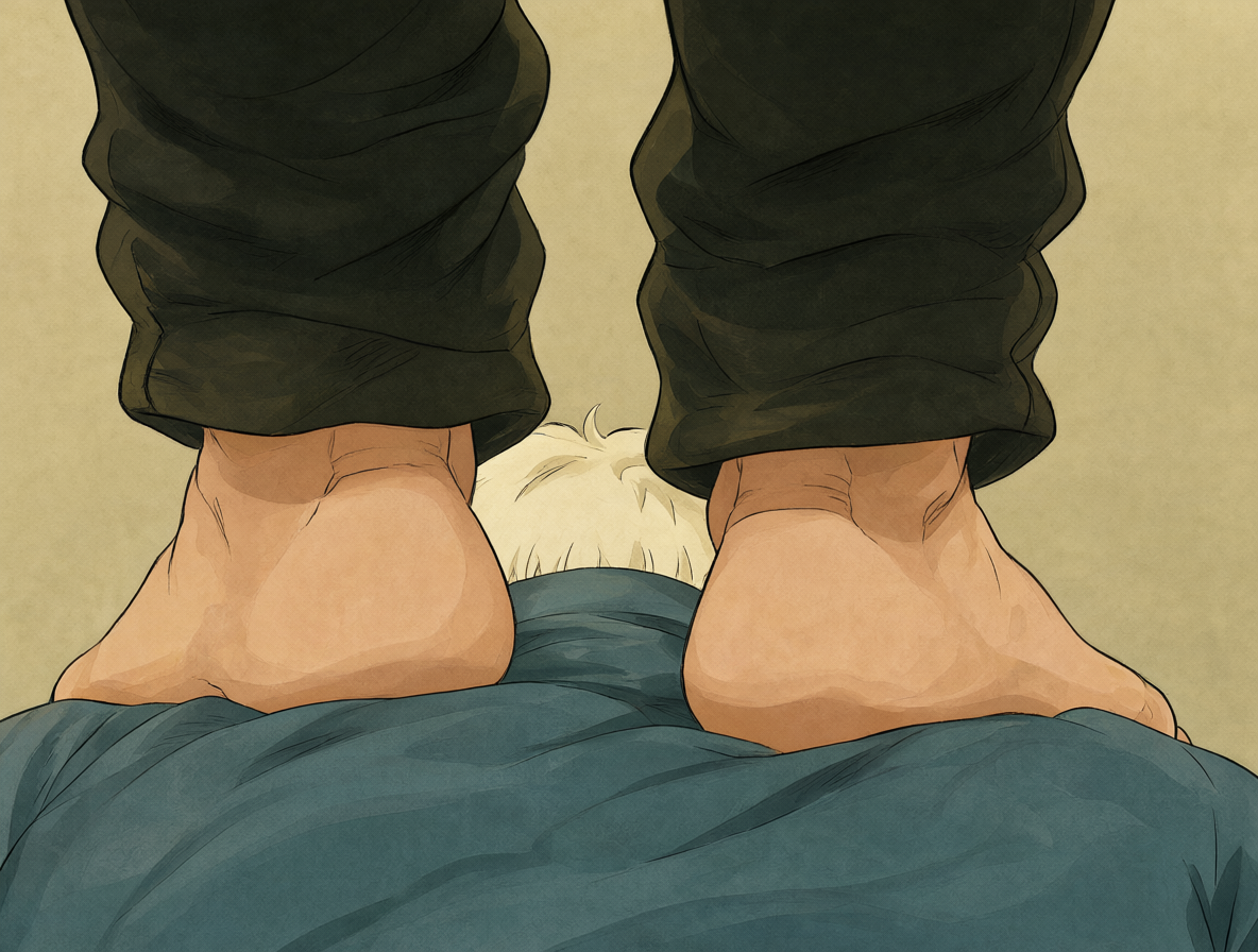 Dos figuras con los pies apoyados en los hombros