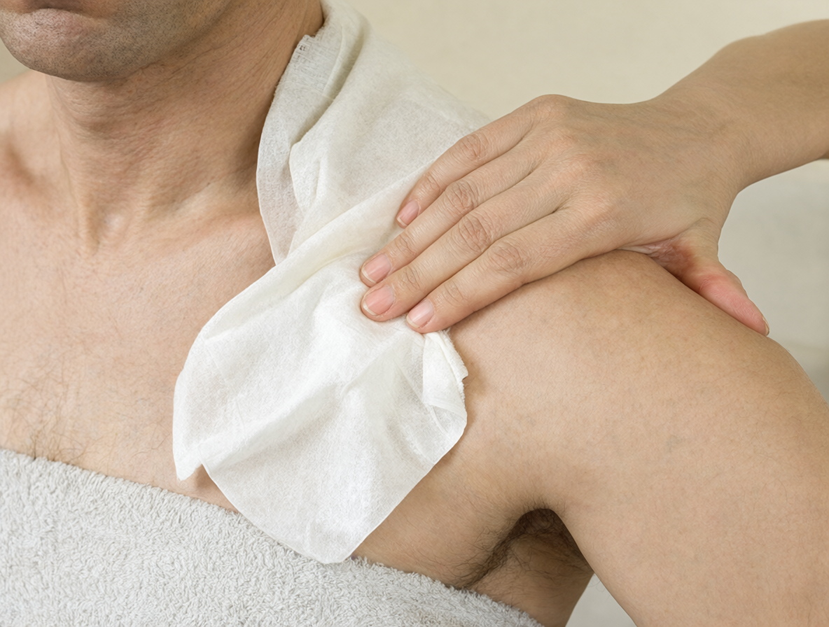Compresa caliente aplicada en la zona cervical para reducir molestias musculares.
