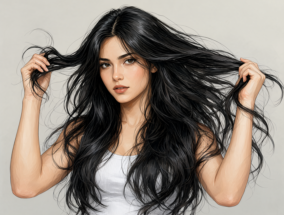 Una ilustración digital mostrando a una persona tocándose el pelo largo y estirándolo con ambas manos, realizando un gesto de estirar el cabello hacia abajo para tensarlo.