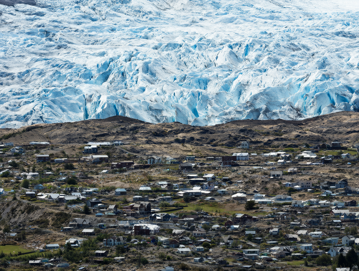 Vista aérea de un glaciar en Chile con casas vulnerables cerca, mostrando el derretimiento acelerado y las comunidades humanas expuestas.