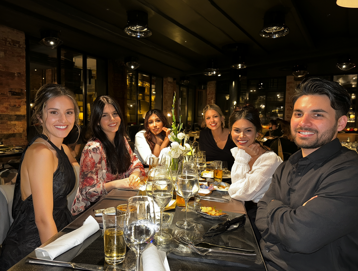 Fotografía de un hombre joven sentado en una mesa con varias mujeres sonrientes en un restaurante elegante.