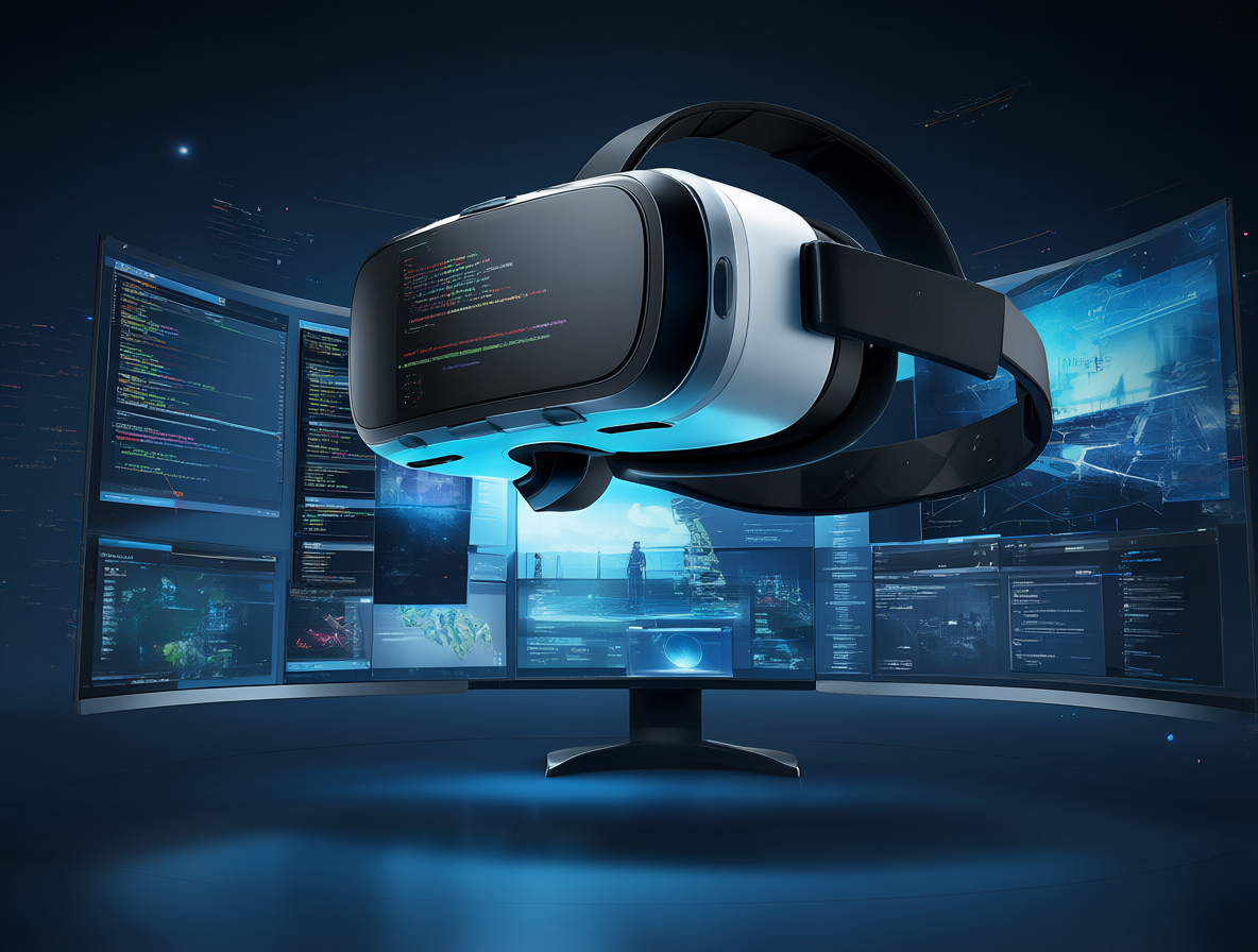 Renderizado de un visor de realidad virtual mostrando un escritorio virtual con múltiples monitores flotan