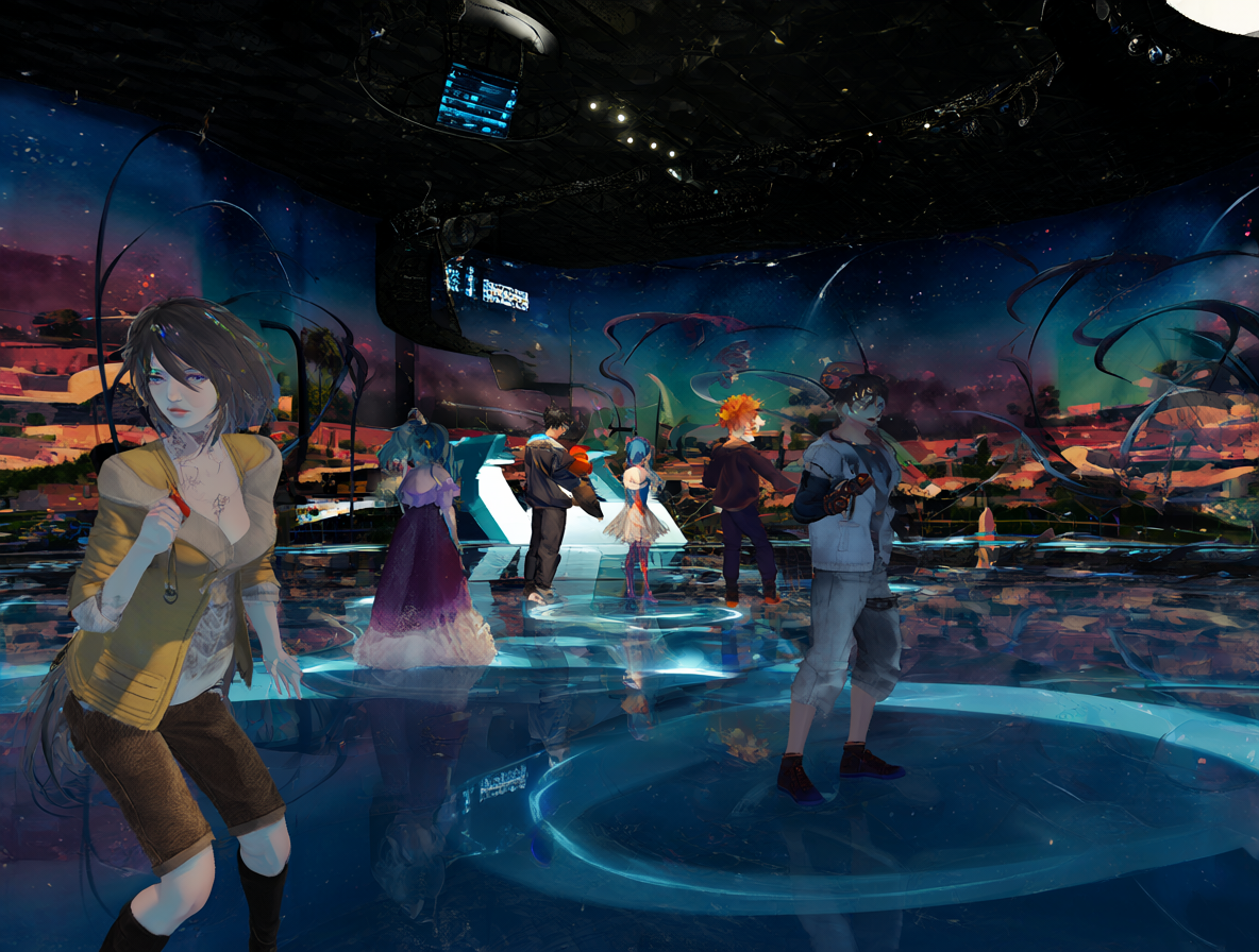Escena inmersiva dentro de una plataforma de realidad virtual mostrando avatares interactivos
