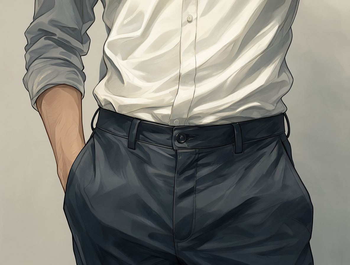 Ilustración digital de alta calidad mostrando una persona con la camisa metida en el pantalón, vista desde un ángulo que muestra claramente la cintura y la falta de tela suelta.