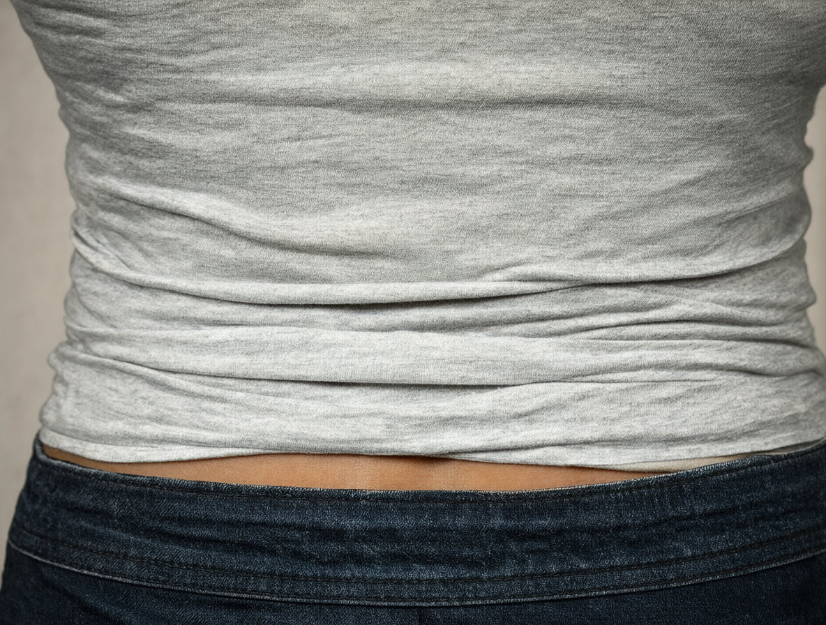 Primer plano del torso de una persona con la camisa metida y ceñida, enfatizando que la cintura está claramente visible sobre la camisa.