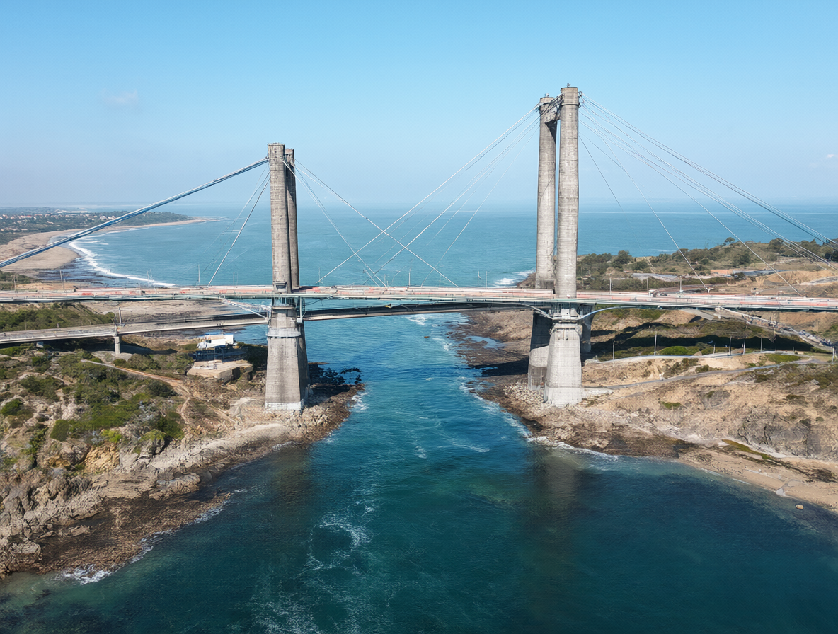 Vista aérea de un puente colgante con tres torres principales, destacando la torre central más alta.