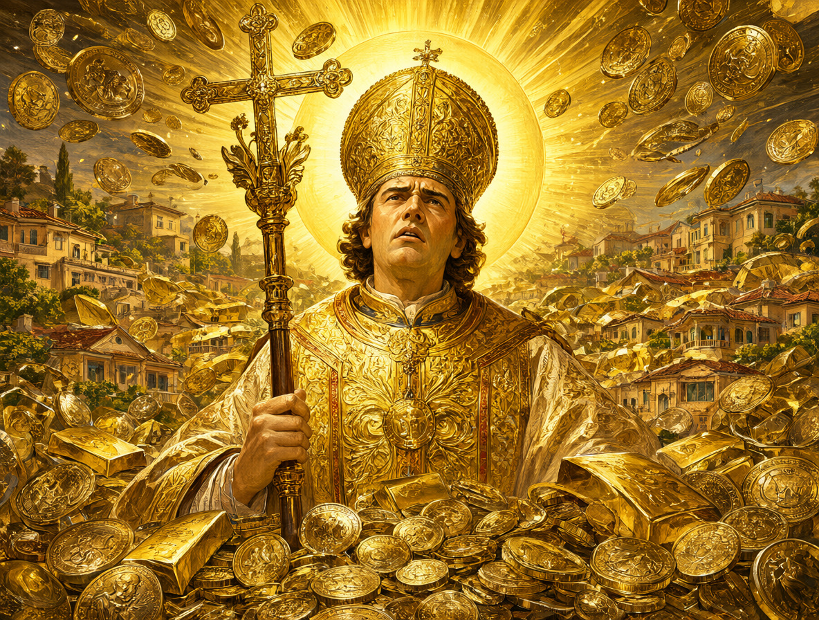 Una figura religiosa rodeada de oro que muestra conflicto por su riqueza
