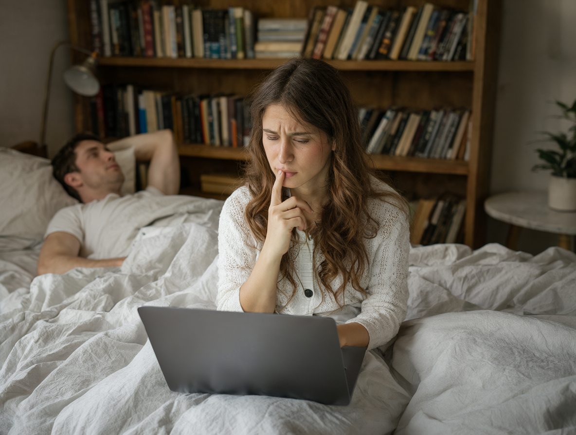Una mujer trabajando en una laptop y un hombre observando una estantería en una habitación.