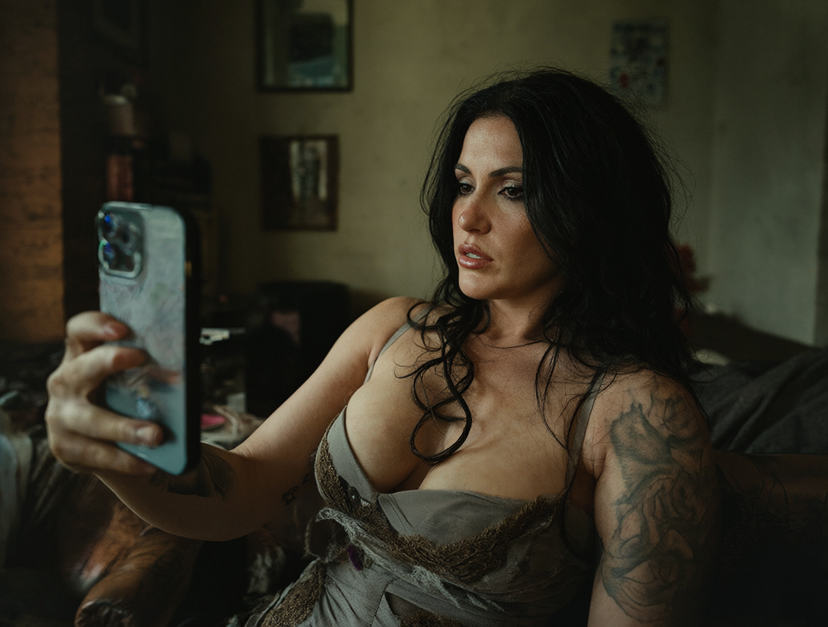 Mujer grabando un video en TikTok con una prenda reveladora y tatuajes visibles.