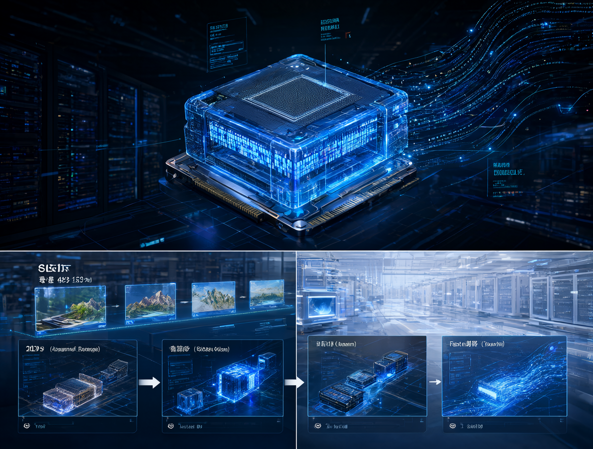 Ilustración técnica de una GPU NVIDIA Blackwell B200 mostrando la comparación visual entre los tiempos de inferencia del modelo estándar y FastH3.