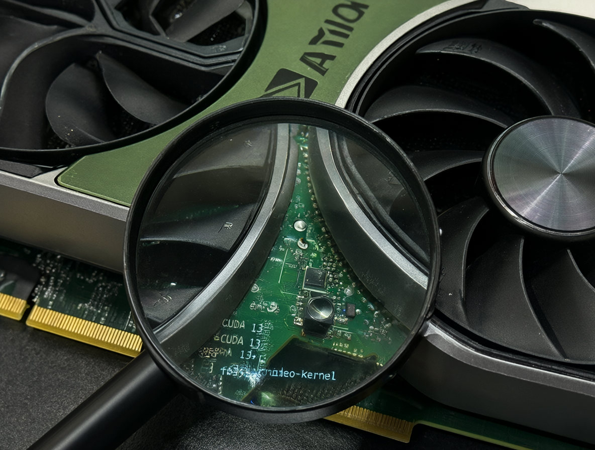 Fotografía de una tarjeta gráfica NVIDIA GeForce RTX 3090 con un logotipo de Ampere resaltado y fragmentos de código de compatibilidad flotando a su alrededor.