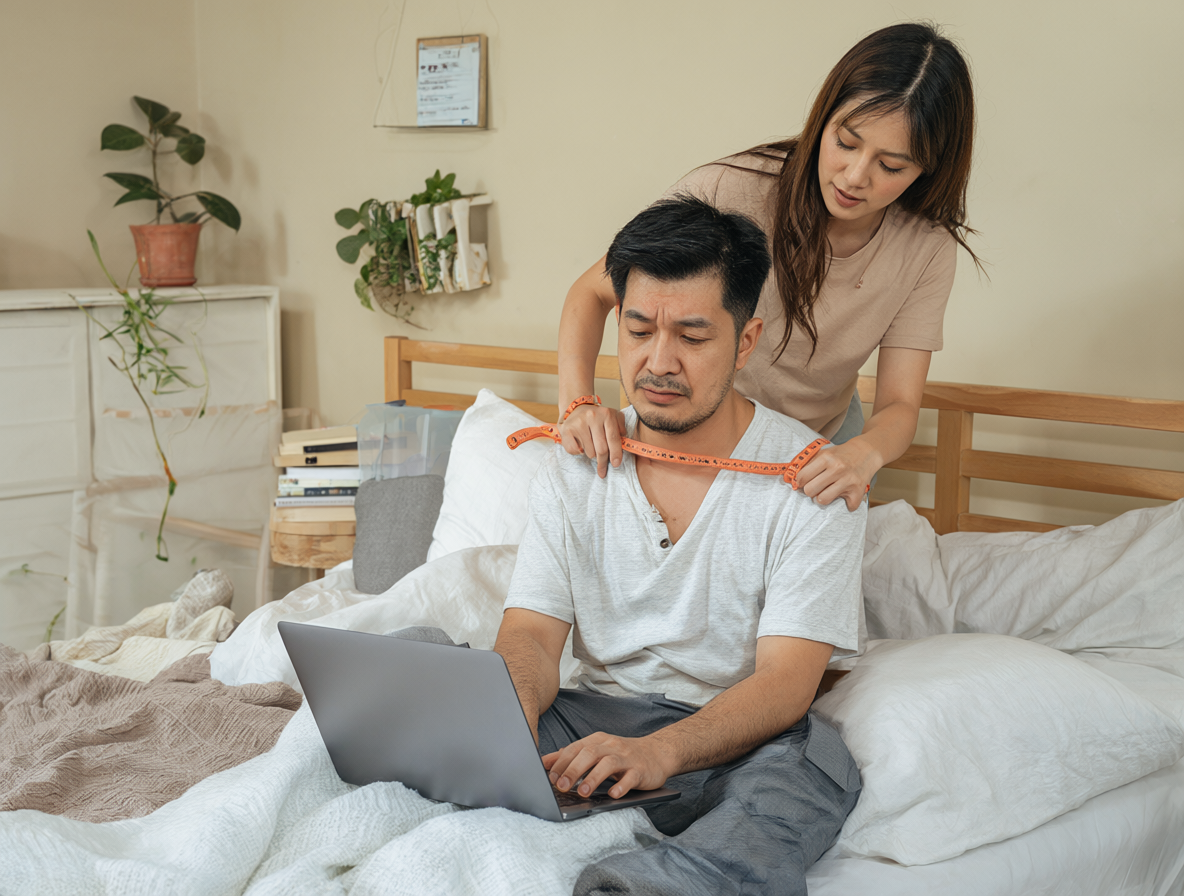 Cozy bedroom scene of two people interacting