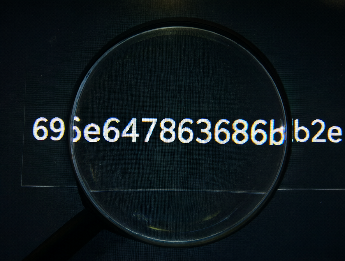 A close-up view of a computer screen displaying a hex error code and a magnifying glass highlighting it.