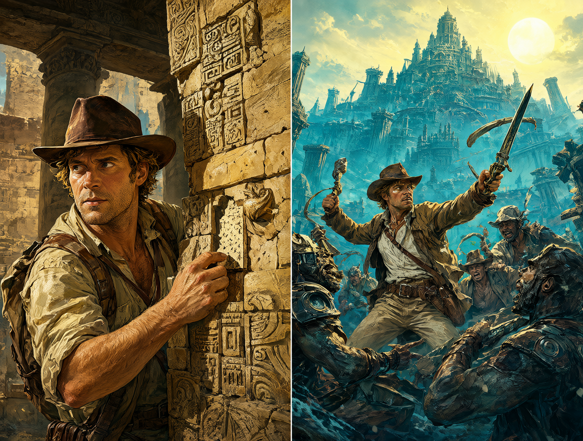 Ilustración dividida mostrando las dos versiones del juego Indiana Jones and the Fate of Atlantis.