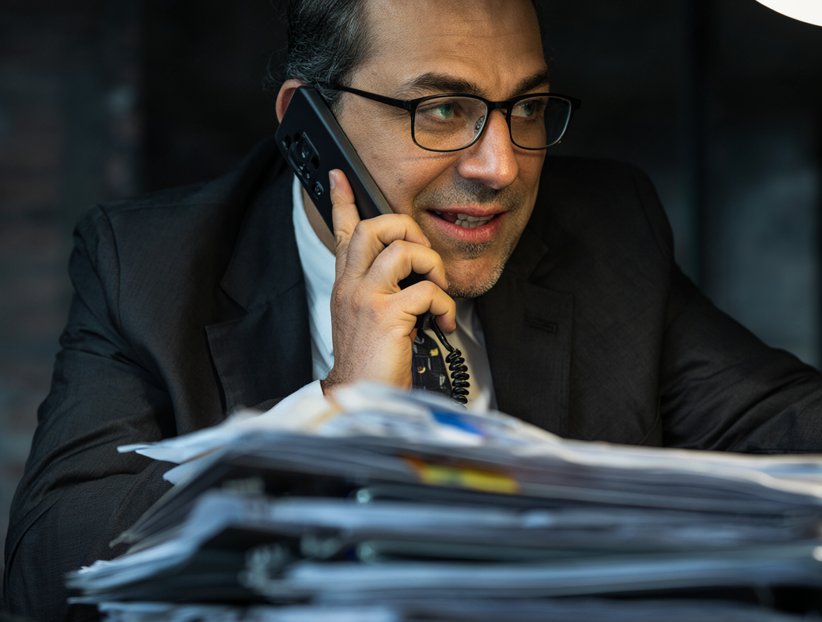 Un abogado revisando archivos legales y hablando por teléfono