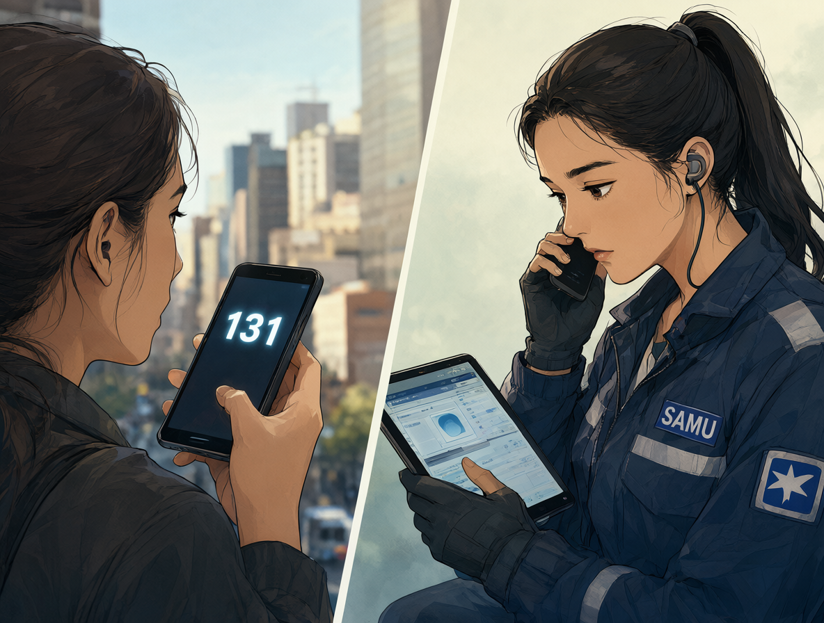 Ilustración dividida mostrando una persona llamando al 131 en Santiago y un operador médico escuchando atentamente.