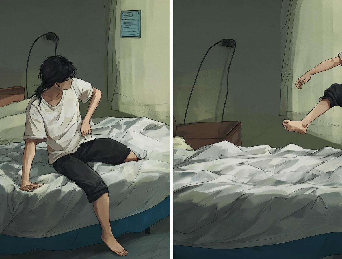 A split-screen illustration showing a person on a bed versus falling out of view.