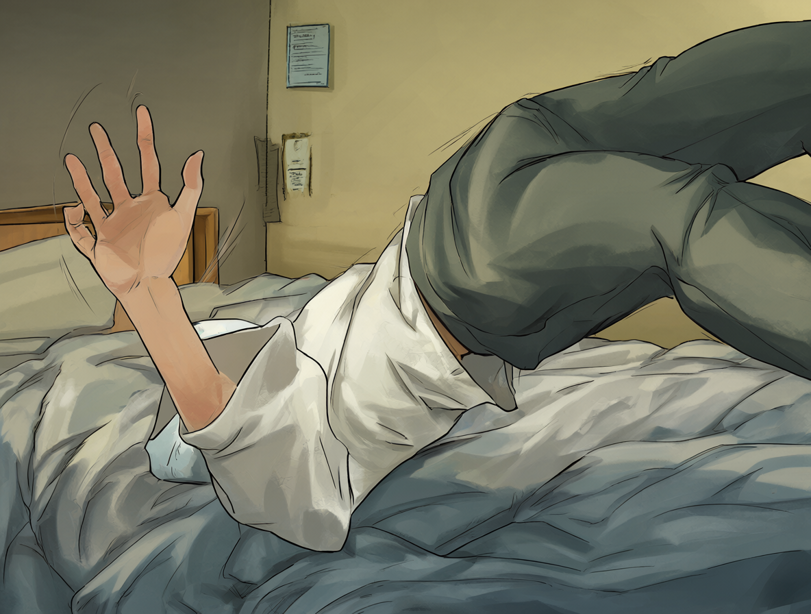 Close-up illustration of a person falling with an arm reaching out.