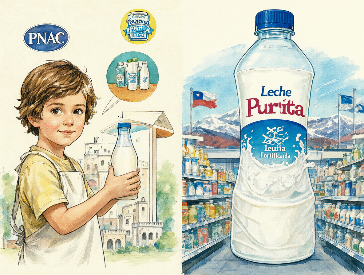 Ilustración histórica mostrando el logo del PNAC y una botella moderna de leche Purita en un estante comercial.