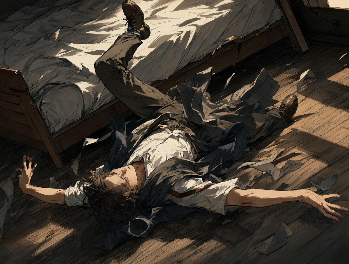 Ilustración de una persona tumbada en el suelo después de caer de una cama, con las extremidades desordenadas.