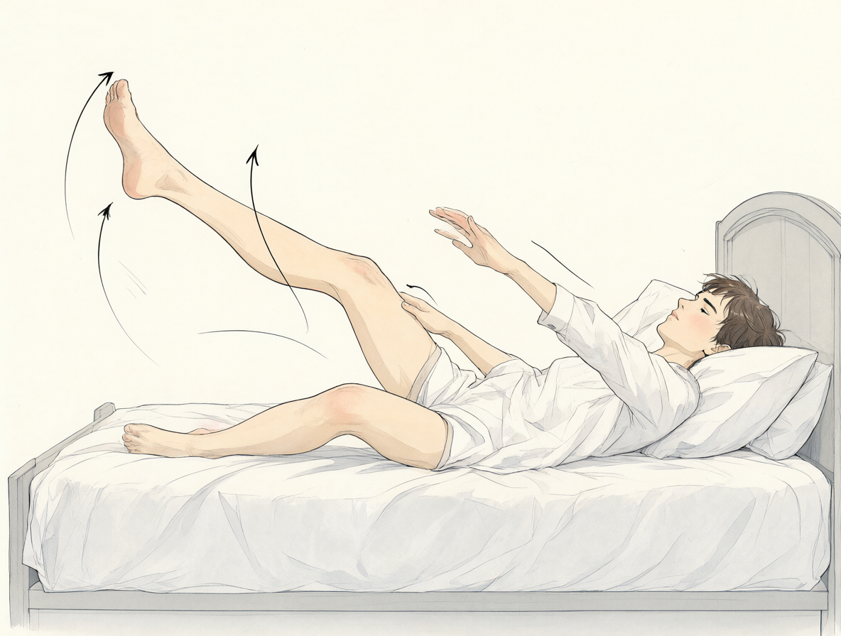 Un diagrama mostrando la cama y las extremidades de una persona en una pose específica tras caer.