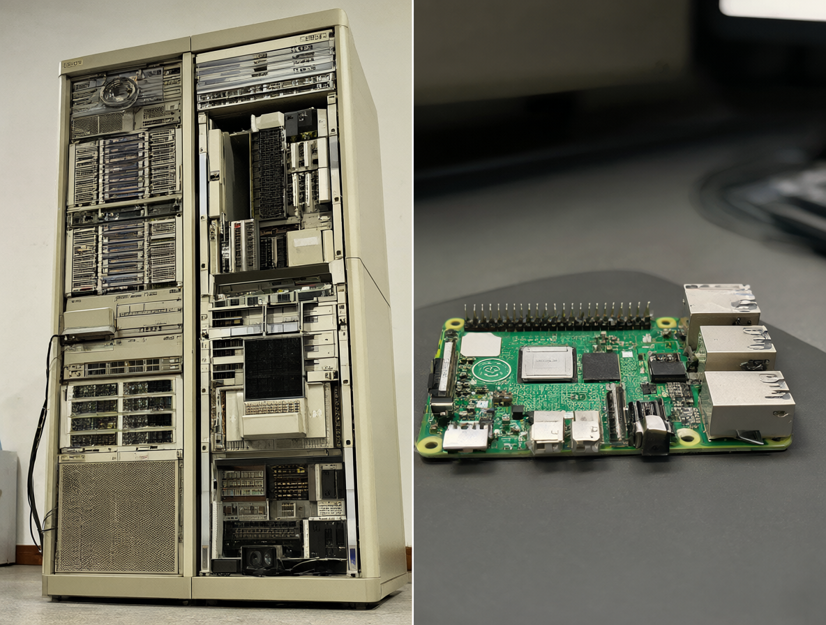Comparativa visual entre hardware especializado de los 90 y computadoras personales modernas para servicios de internet.