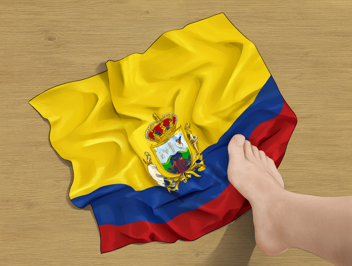 Una persona pisa una bandera arrugada sobre un escritorio de madera para representar el rechazo al orgullo nacional ciego.