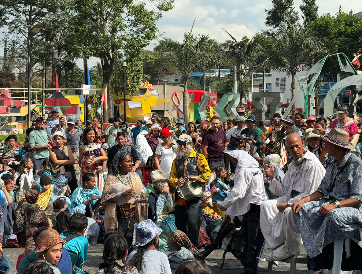 Una multitud diversa en una plaza pública celebrando tanto tradiciones locales como influencias culturales extranjeras simultáneamente.