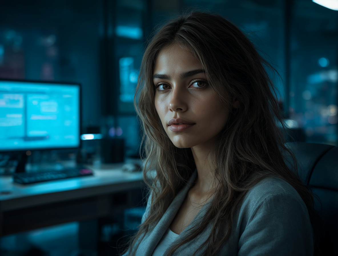 Retrato fotorrealista de una mujer virtual atractiva frente a un escritorio de trabajo moderno.