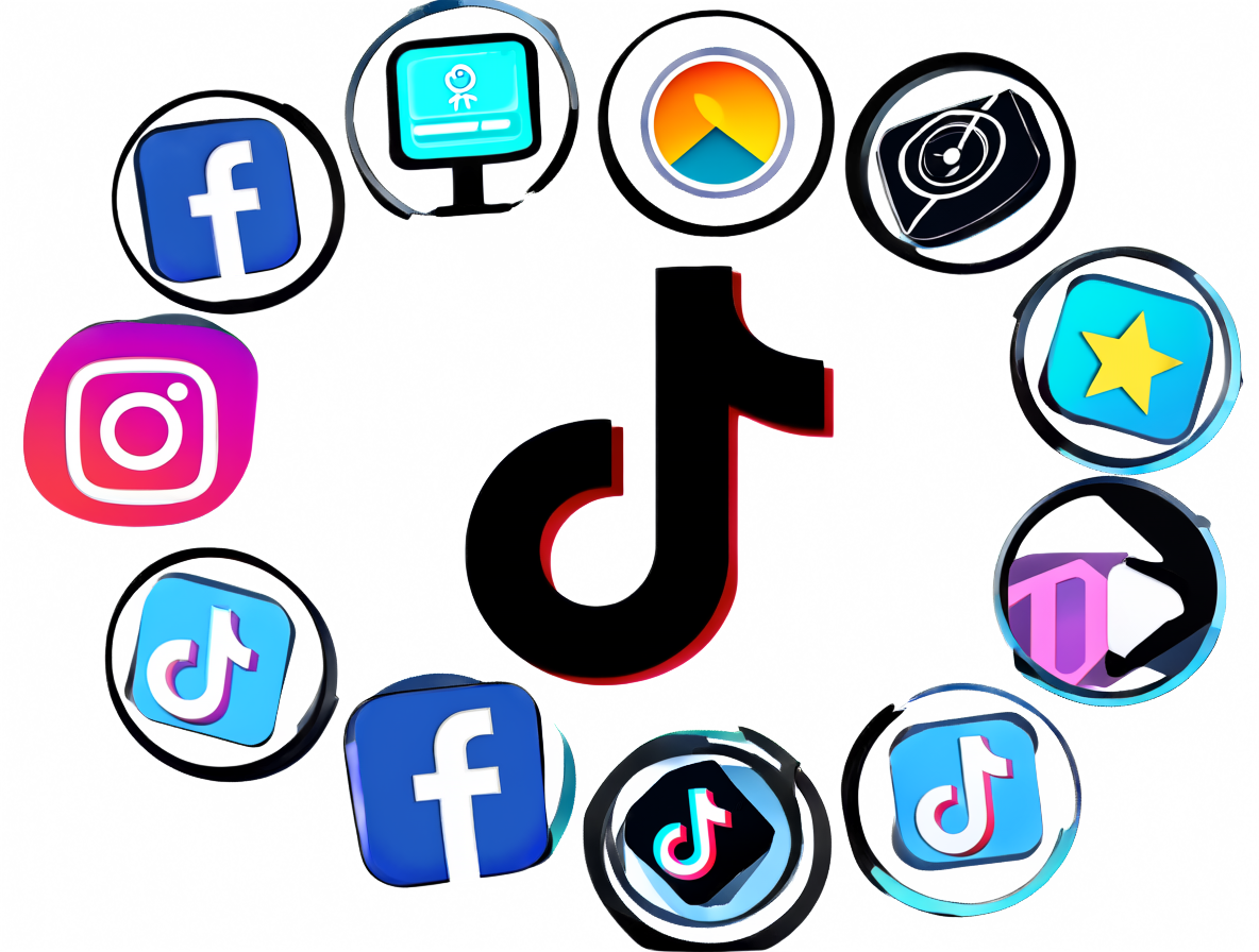 Varios iconos de redes sociales rodeando a una silueta de personaje virtual.