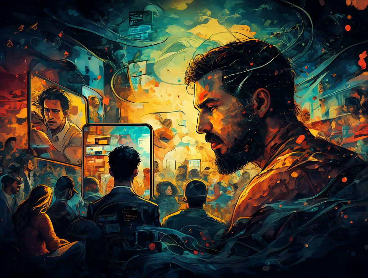 Ilustración cinematográfica de un personaje interactuando con su audiencia digital en un entorno vibrante.