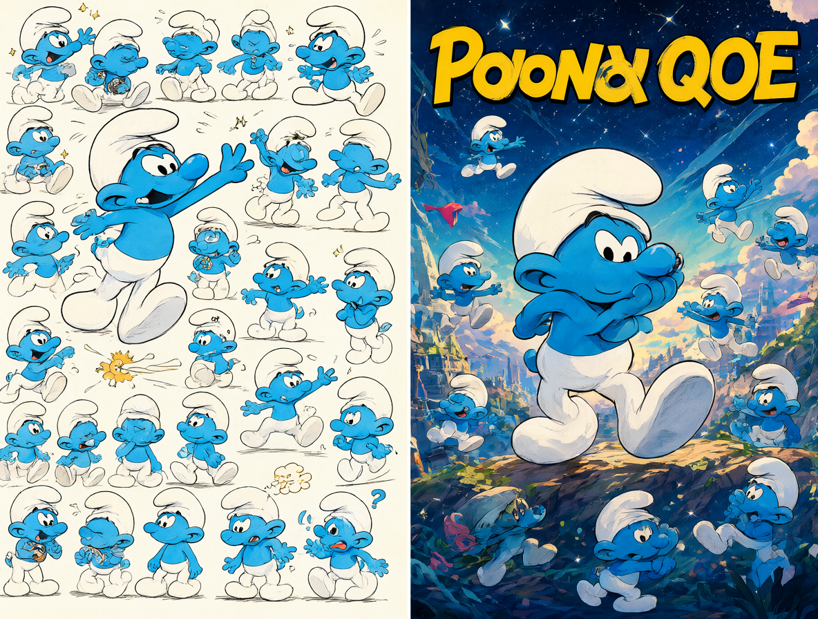 Ilustración comparativa mostrando el arte del cómic original de los Pitufos junto al arte moderno de la película.