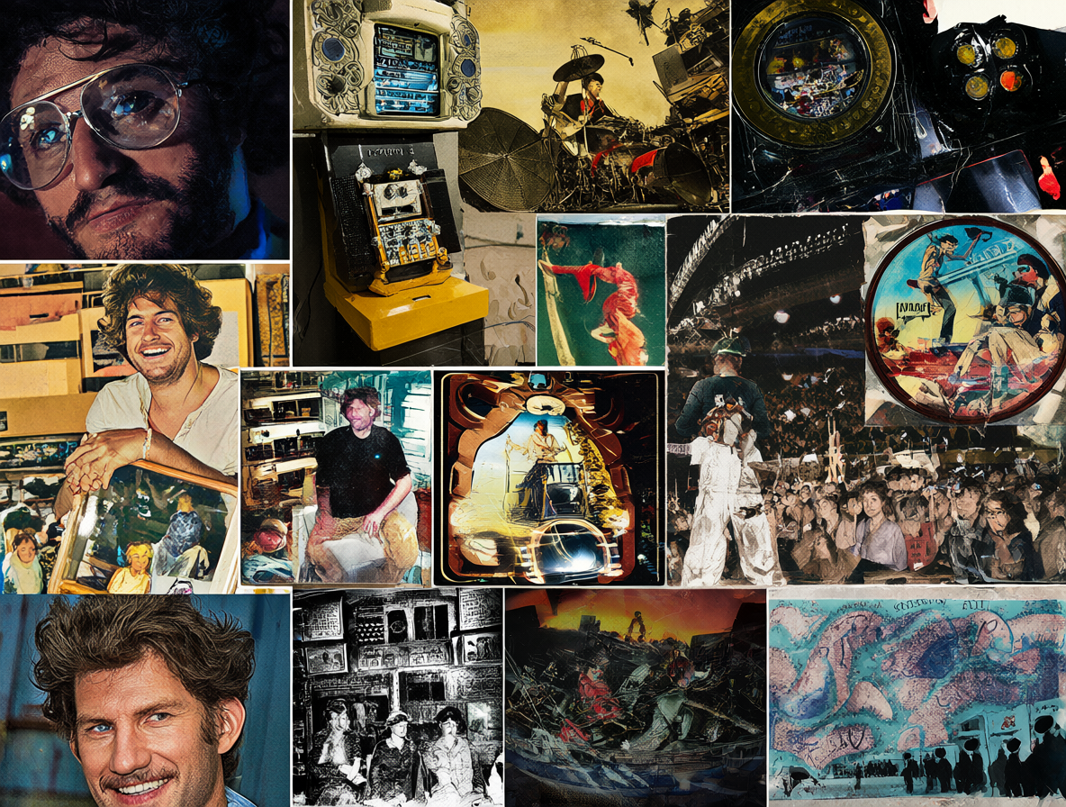Collage de memorabilia antigua: programas de TV, máquinas de karaoke y pósters de conciertos