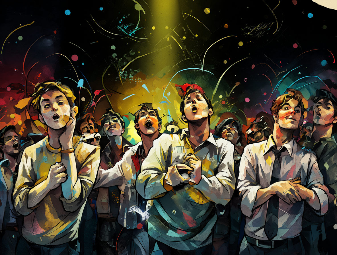Gráfico abstracto mostrando personas cantando y otras mirando con escepticismo
