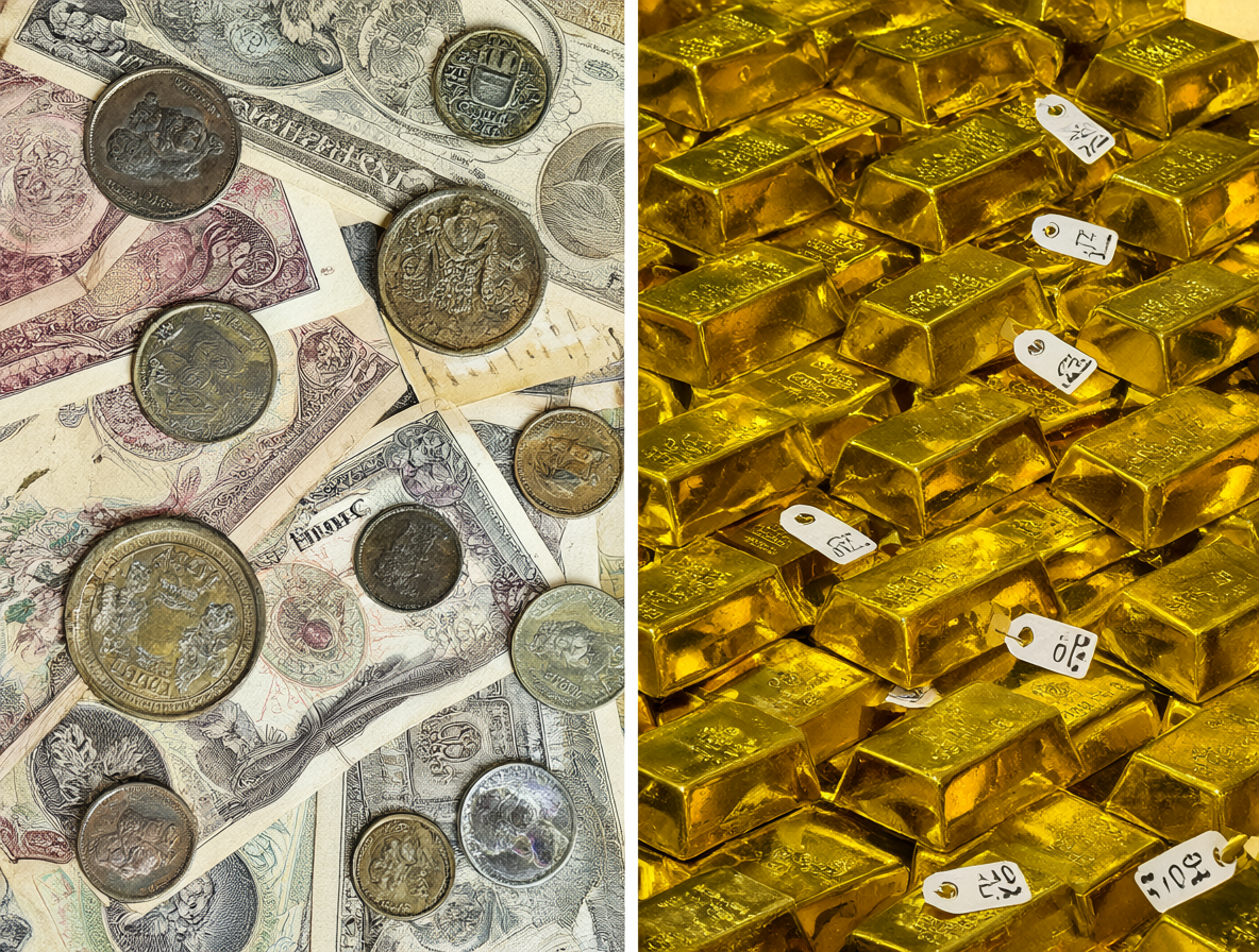 Ilustración dividida mostrando monedas chilenas antiguas a la izquierda y barras de oro con etiquetas de precio a la derecha.