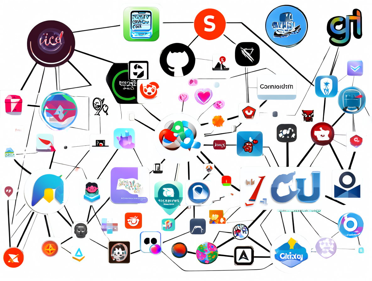 Conjunto de logotipos de plataformas digitales conectadas entre sí.