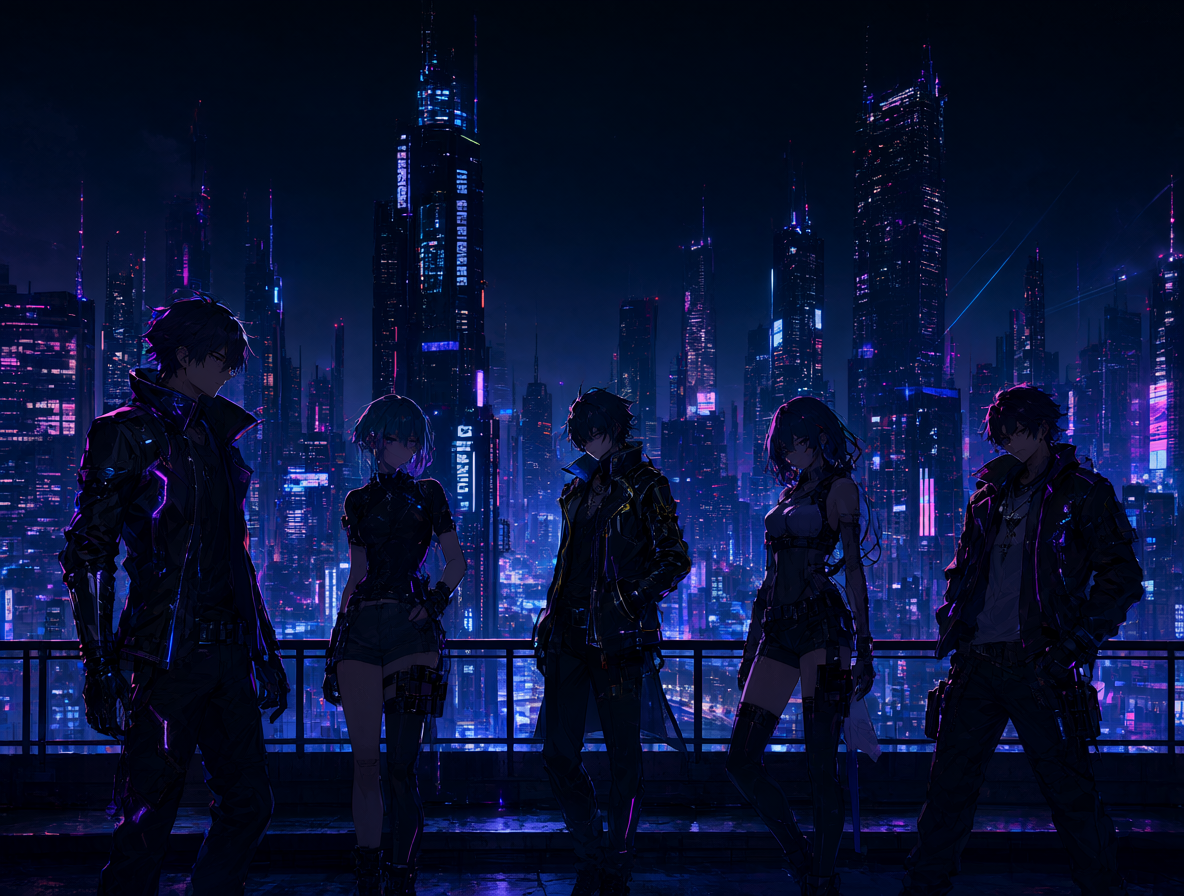 Vista nocturna futurista de la ciudad de Night City con personajes en la azotea