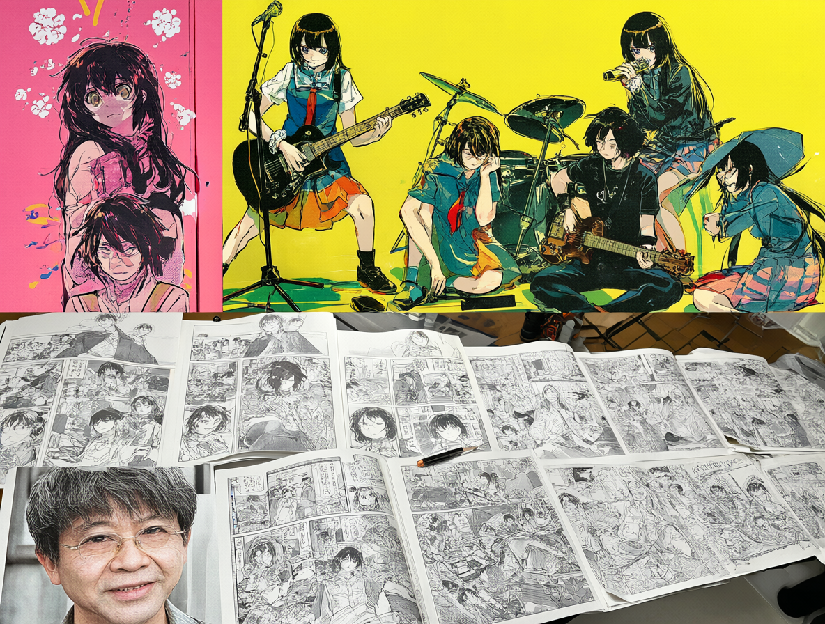 Una composición dividida que muestra a Kikuri Hiroi con su banda junto a los retratos de las autoras Hamaji y Kumichou trabajando juntas.