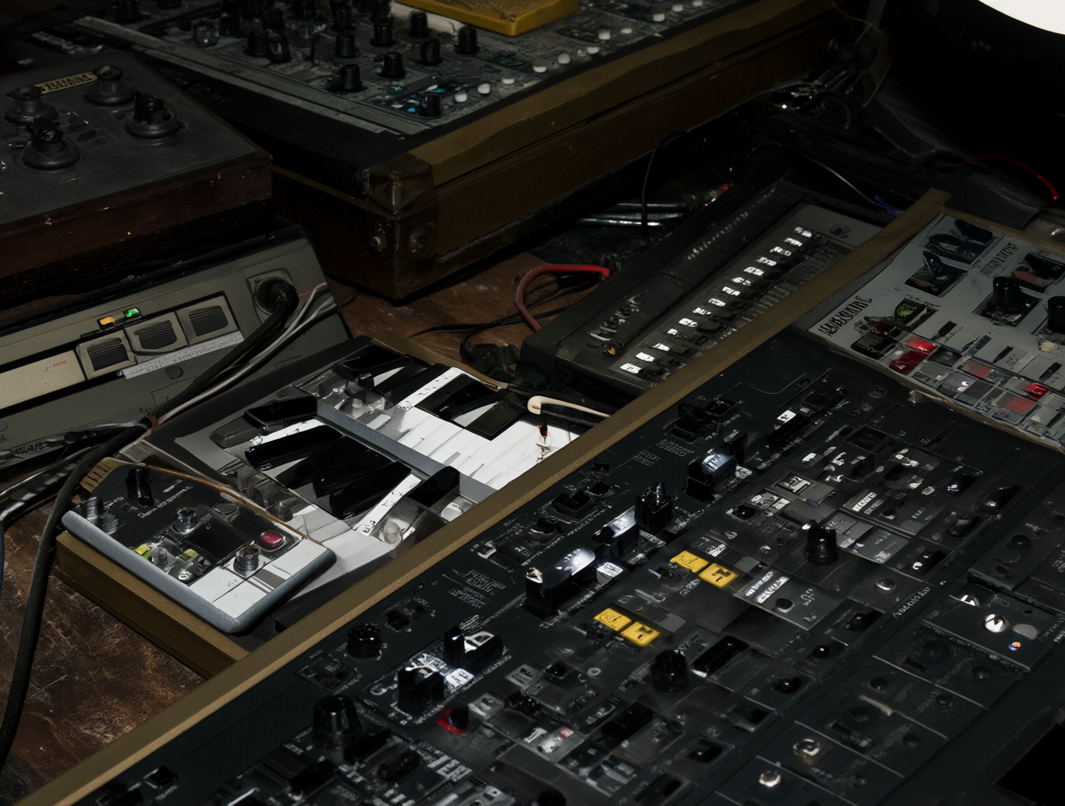 Equipamiento de estudio vintage con un Oberheim DSX y otros secuenciadores de la época.