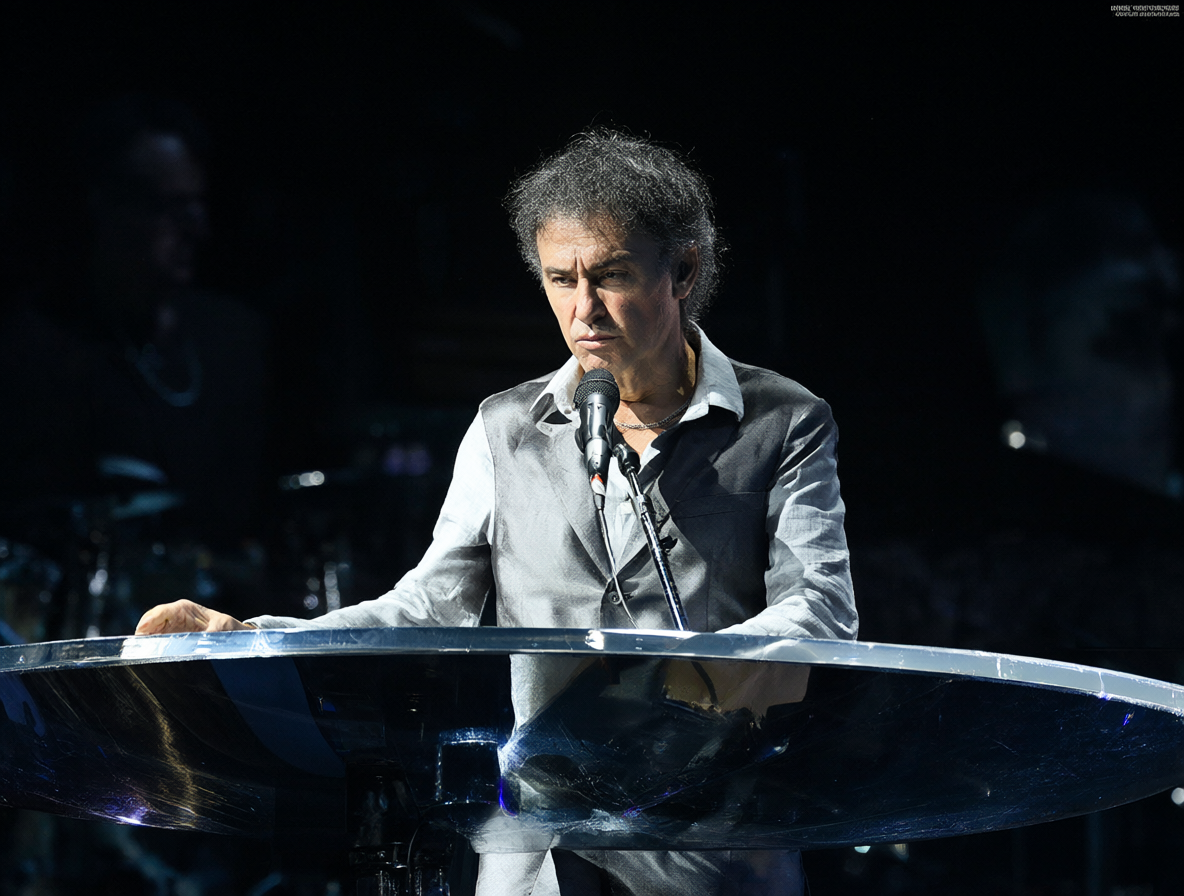 Jean Michel Jarre tocando en un escenario moderno con iluminación contemporánea.