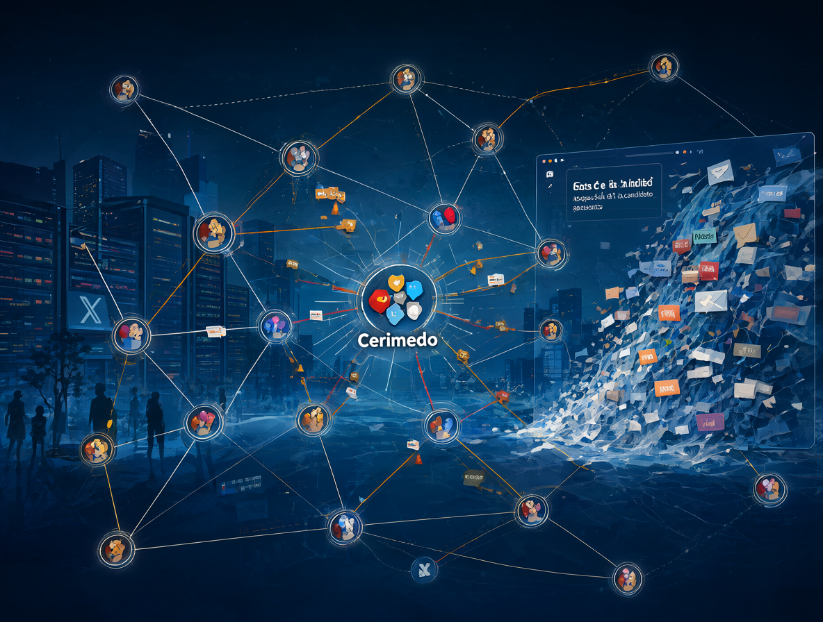 Diagrama mostrando la conexión entre las cuentas de bots, los servidores de las redes sociales y la actividad política en Chile.