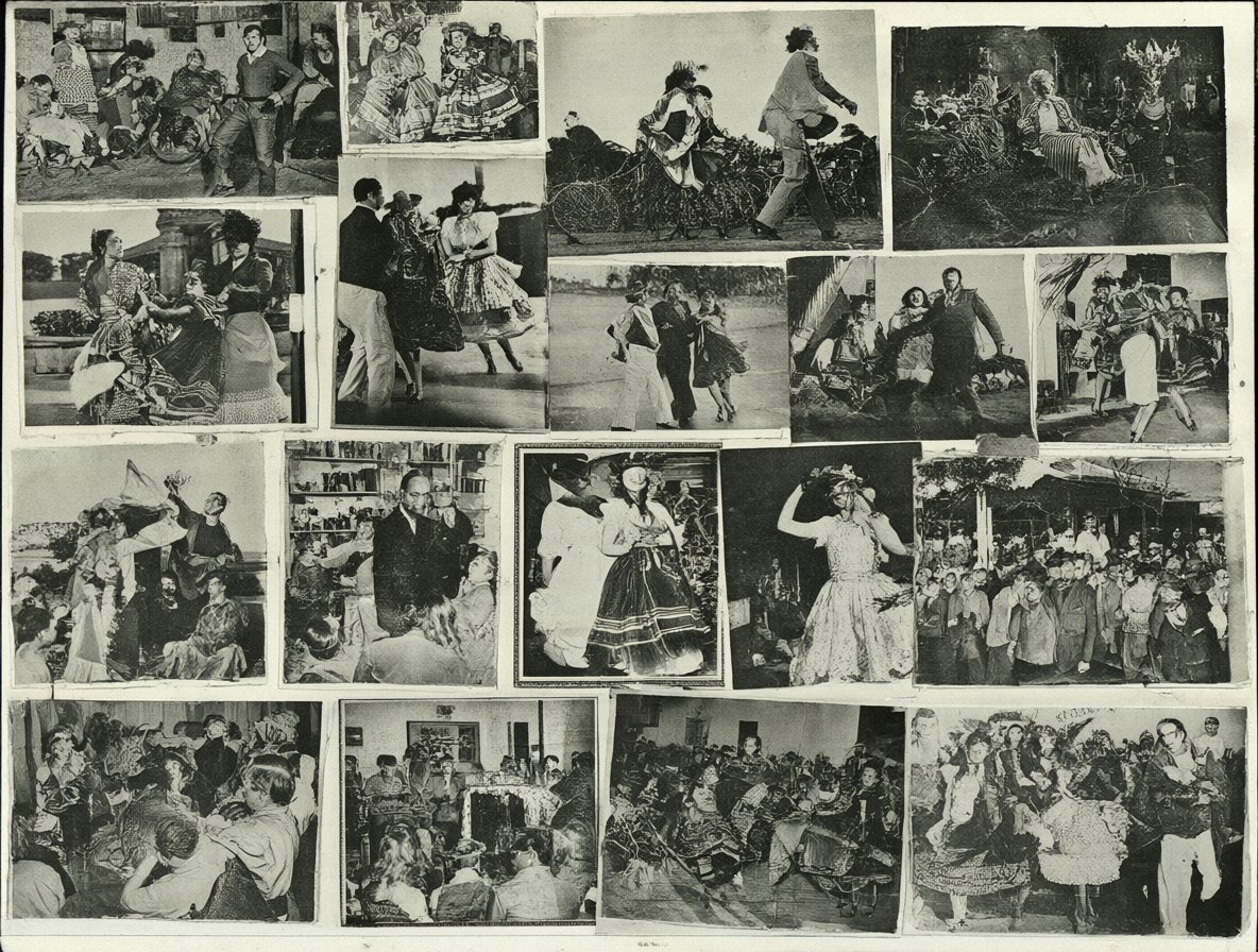 Collage vintage mostrando a personas bailando cuecas en diferentes entornos sociales de Chile antes de 1973, mezclando espacios aristocráticos y populares.