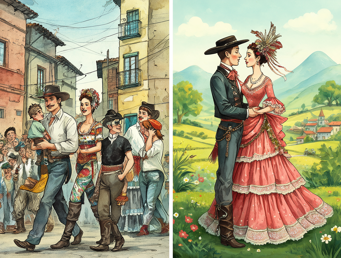 Imagen dividida mostrando el contraste entre la vida urbana popular y la figura estilizada del huaso en la tradición de la cueca.