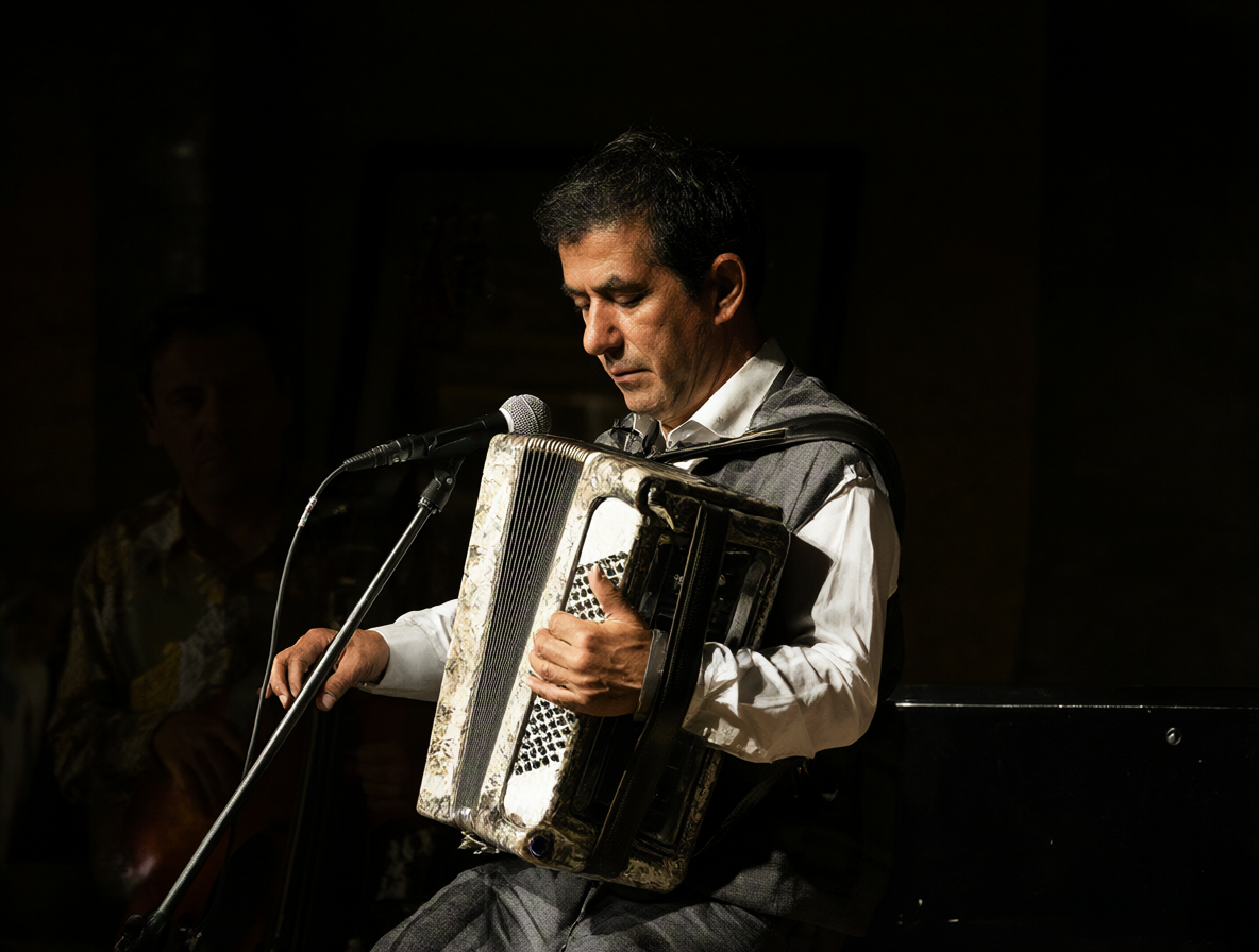 Músico tocando un instrumento tradicional al aire libre bajo una iluminación natural suave.