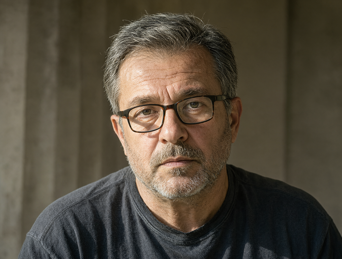 Retrato de un hombre mayor de unos 55 años con gafas, mirando pensativo.