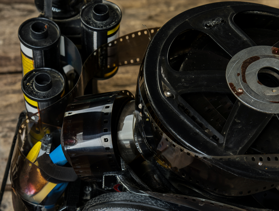 Cámara cinematográfica antigua junto a rollos de película Technicolor.