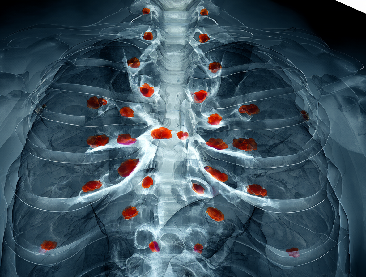 Imagen detallada mostrando la detección de múltiples nódulos pulmonares y quistes renales.