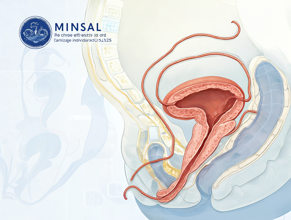 Ilustración médica de un examen de próstata con el logo del MINSAL.